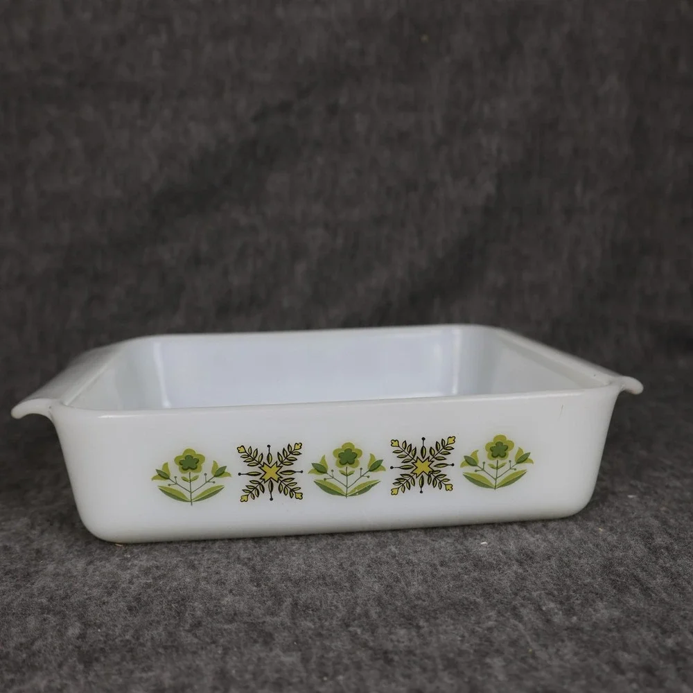 Vintage Fire-King White Glass Baking Dish 8x8 Green Floral Square USA Ovenware